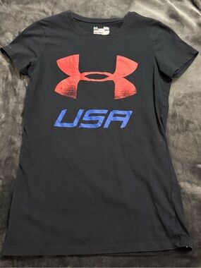 Under Armour Black Tee with Red Logo and Blue USA Graphic